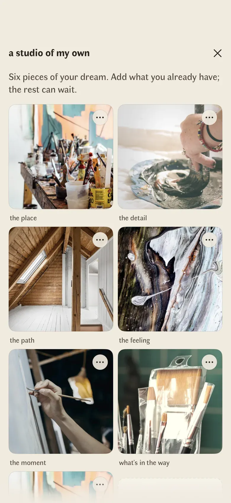 Het droombord: zes beelden bij één droom, de plek, het detail, het pad, het gevoel, het moment en wat in de weg staat.