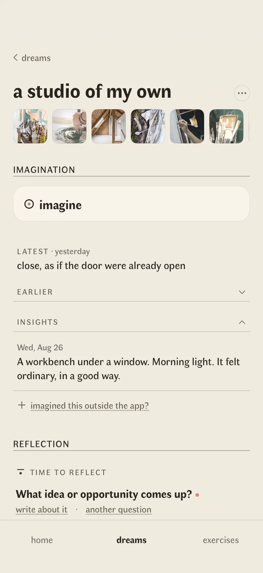 De pagina van één droom: een rij beelden, het laatste verbeeldingsmoment in eigen woorden, en een reflectievraag, 'What idea or opportunity comes up?'