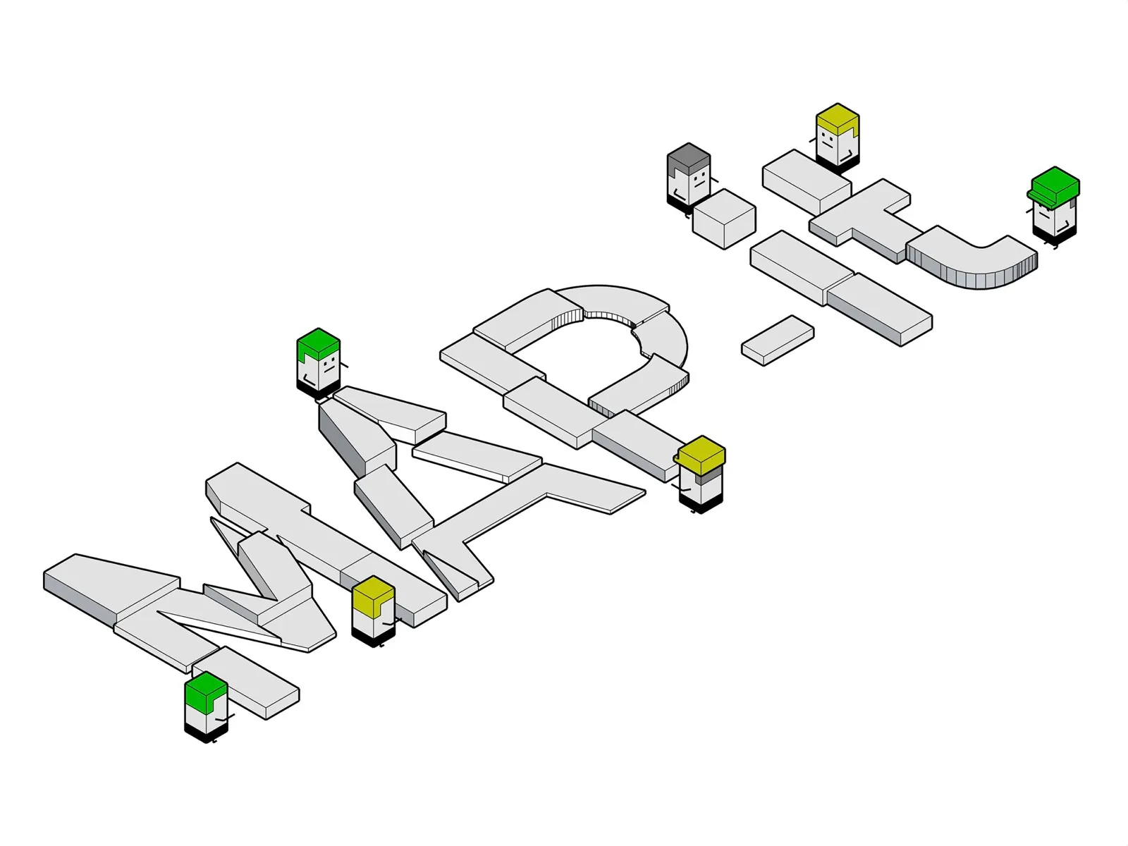 Het MAP-it-logo als isometrische bouwblokken, met kleine figuurtjes ertussen.