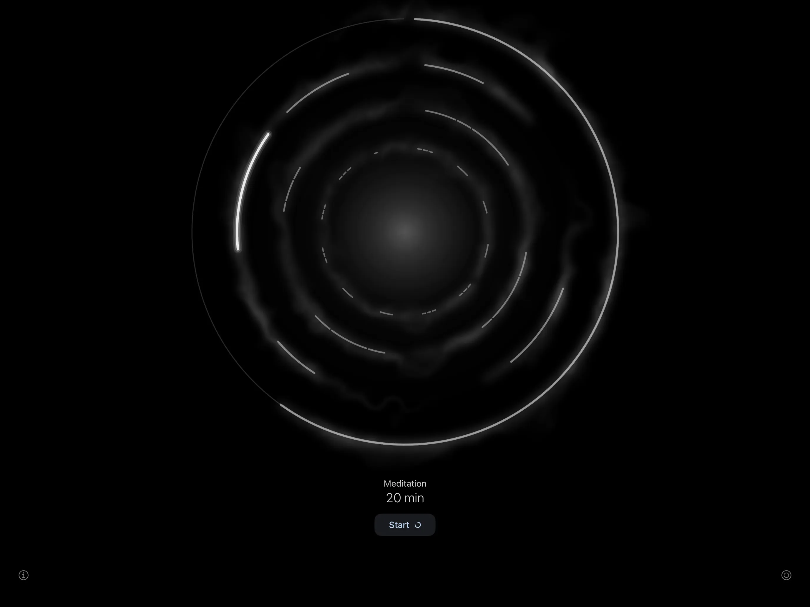 Orboria op een iPad, liggend: een jaar aan ringen van wit licht rond een donkere kern, met een timer voor meditatie van 20 minuten.
