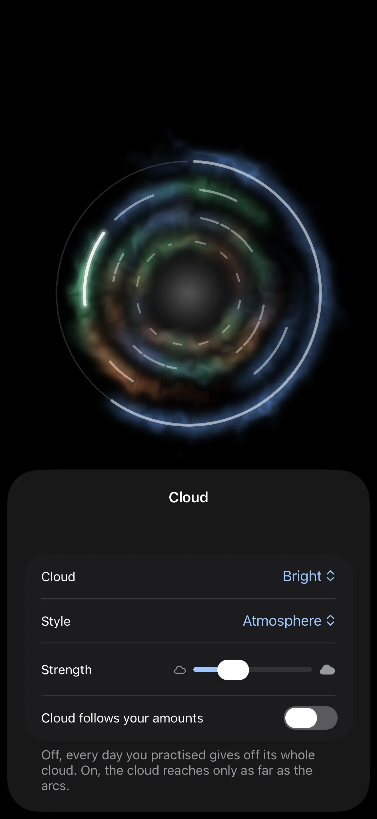 De ringen in kleur, elke praktijk in een eigen tint, met de instellingen van de wolk eronder: helder, atmosfeer en sterkte.