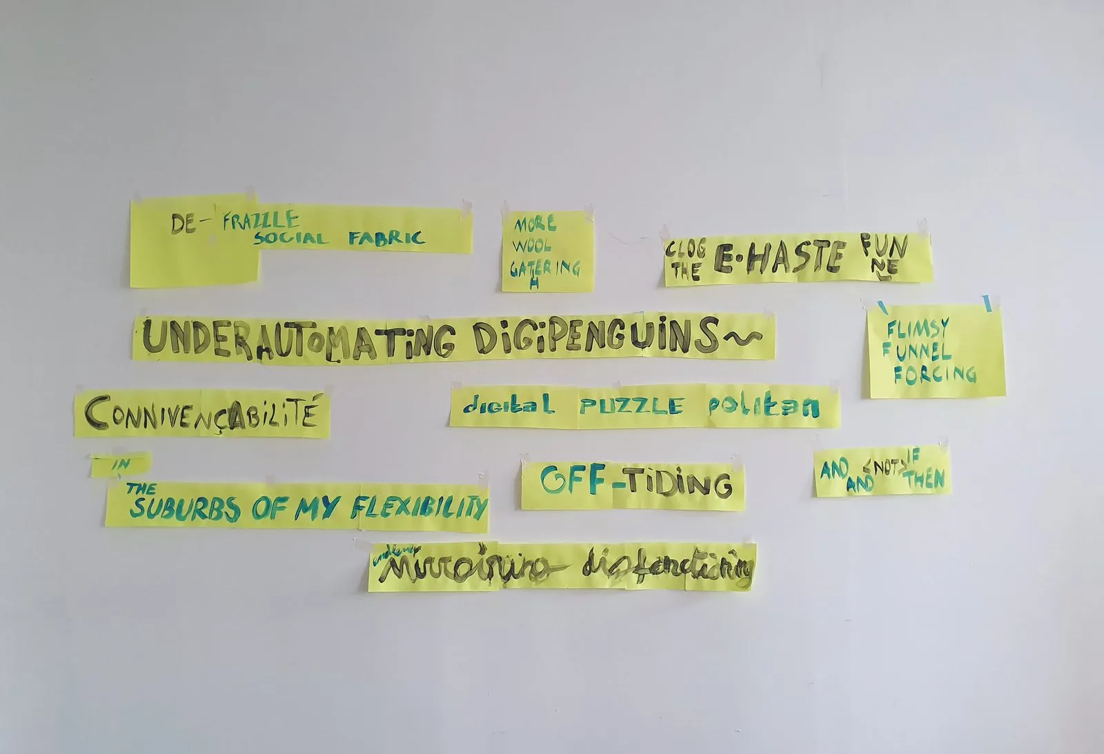 Zelfbedachte woorden op gele stroken papier aan de muur, waaronder “underautomating digipenguins” en “connivençabilité”.